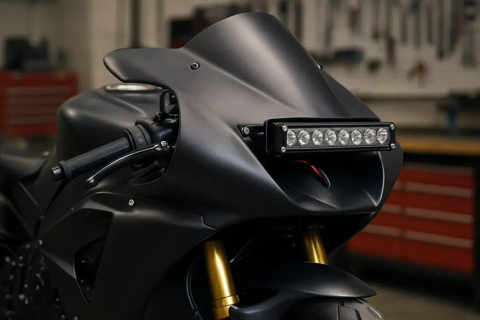 Secure integration of a high-lumen LED light bar into a custom motorcycle race fairing with professional wiring and mounting.