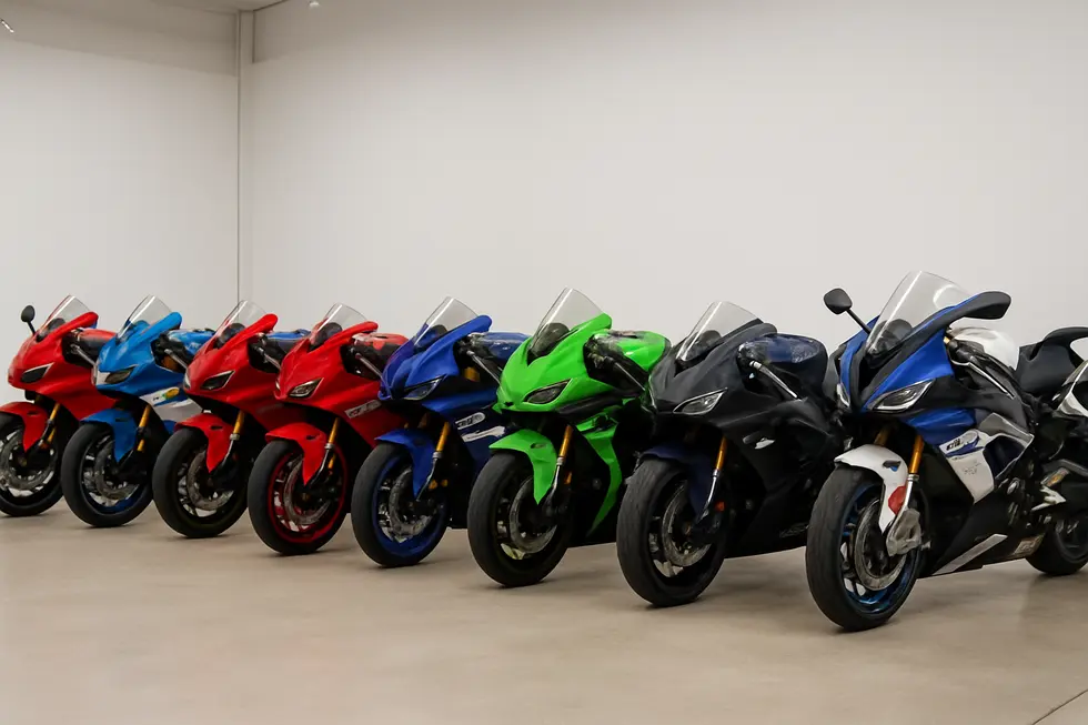 A display of Kings Motorcycle Fairings’ range of original and custom motorcycle fairing kits showcasing craftsmanship and variety.