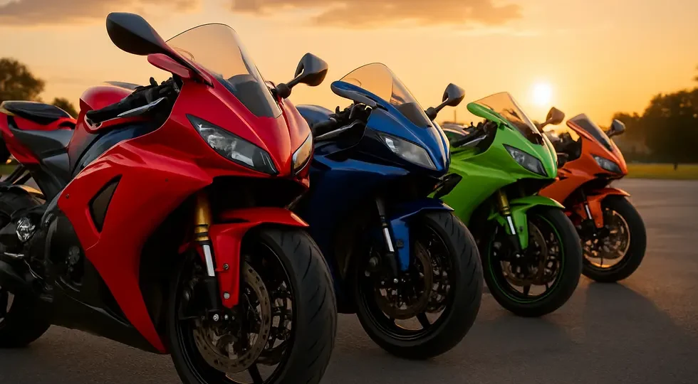 Sport motorcycles displaying a variety of Kings Motorcycle Fairings kits in a dynamic outdoor setting highlighting quality and style.