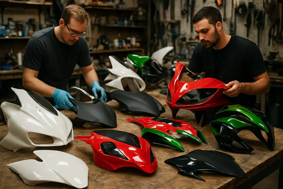 A display of Kings Motorcycle Fairings’ range of original and custom motorcycle fairing kits showcasing craftsmanship and variety.