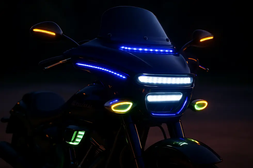 Secure integration of a high-lumen LED light bar into a custom motorcycle race fairing with professional wiring and mounting.