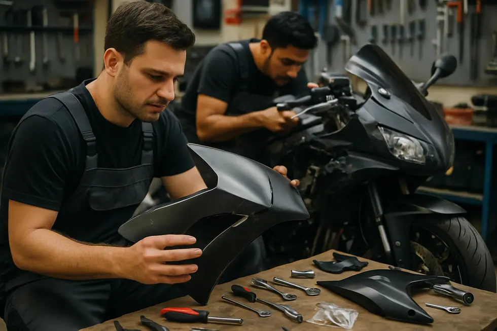 An aerodynamic motorcycle fairing designed to reduce drag and improve speed and stability.