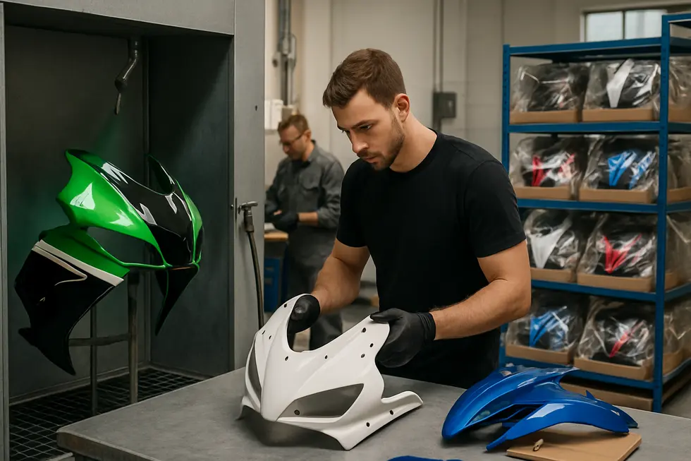 Various motorcycle fairing types showcased to illustrate material and design diversity essential to the motorcycle parts market.