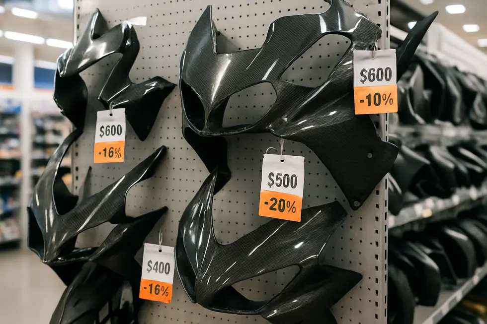 Detailed view of a carbon fiber motorcycle fairing showcasing its weave pattern and glossy finish.