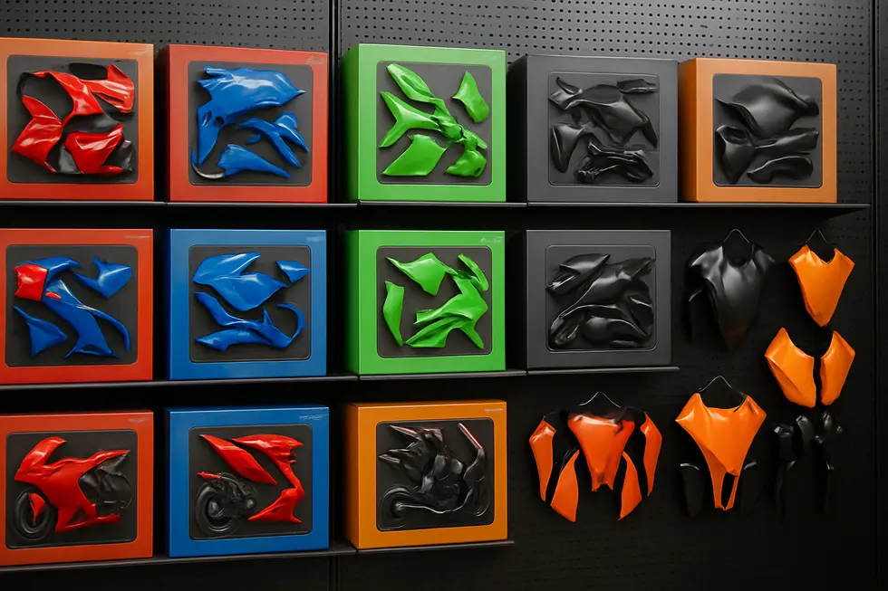 Various motorcycle fairing kit components displayed to highlight their comprehensive composition and brand diversity.