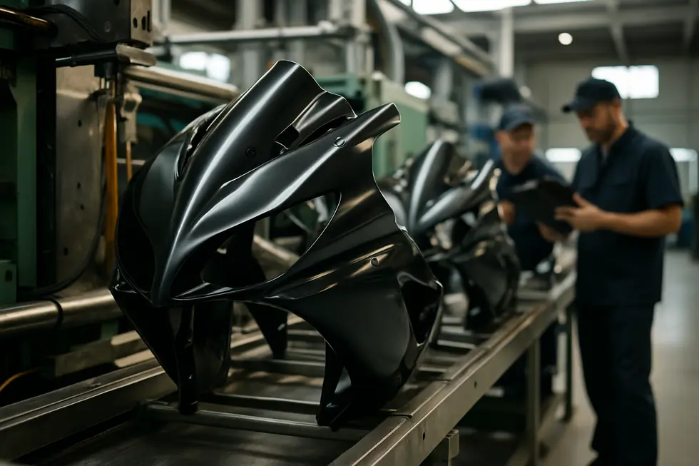 High-grade ABS plastic fairings undergoing precision injection molding in a state-of-the-art manufacturing facility.