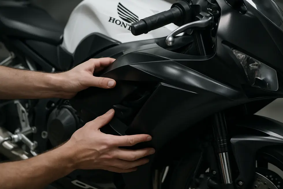 A sport motorcycle outfitted with a full fairing kit demonstrating aerodynamic design and aesthetic enhancement.