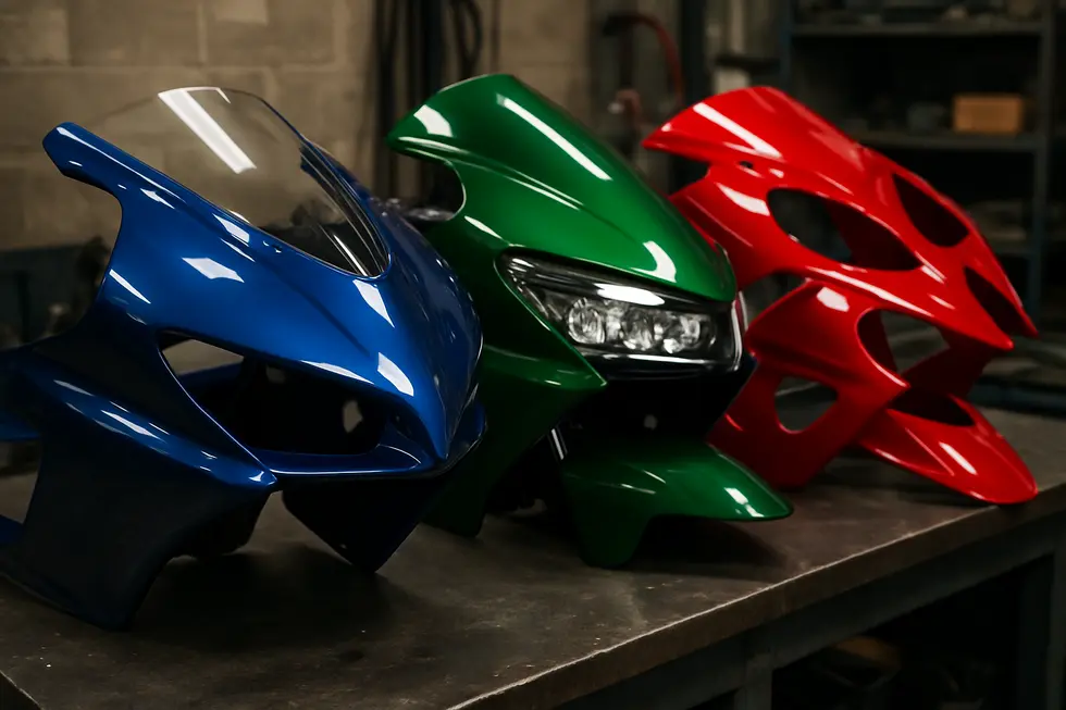 Aerodynamic motorcycle fairings optimize airflow, reduce drag, and improve speed and stability on race tracks.