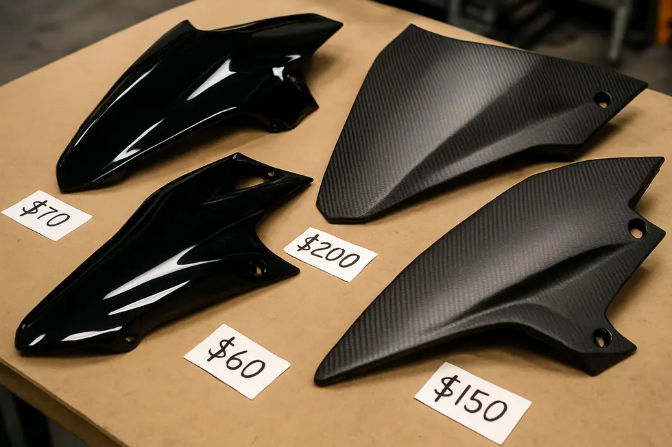 A display of various motorcycle fairing materials illustrating the price-quality spectrum for affordable fairings.