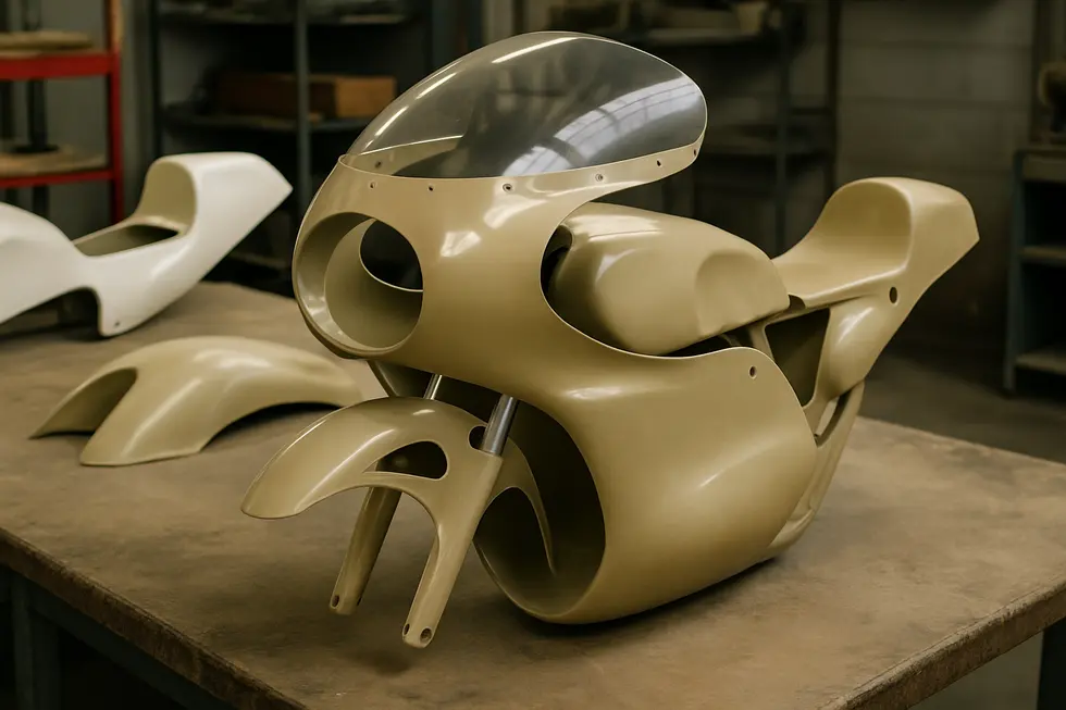 Illustration of Airtech fairing’s streamlined design optimizing airflow to reduce drag on a racing motorcycle.