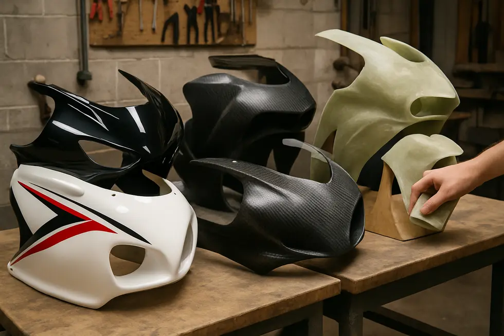 Visual comparison of common materials and design styles used in aftermarket motorcycle fairings.