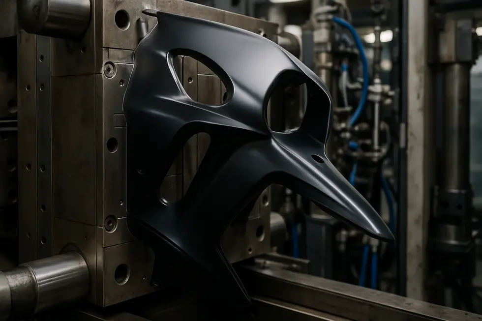 A high-grade ABS motorcycle fairing panel emerging from an injection molding machine, illustrating the precision manufacturing process.