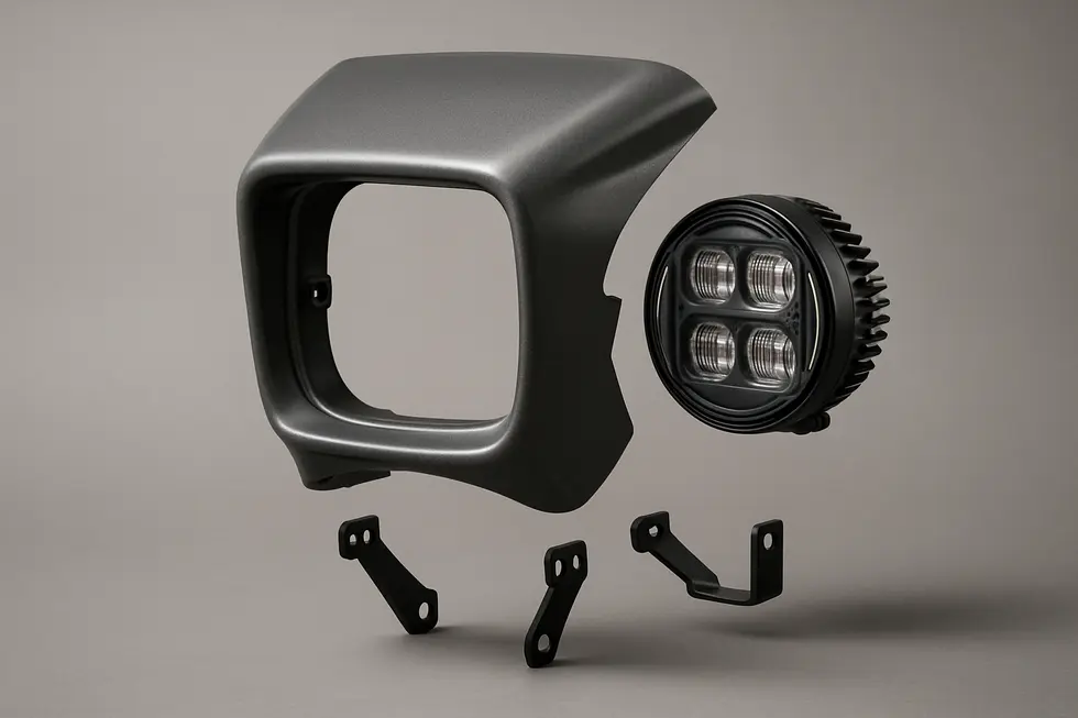 A cruiser motorcycle showcasing a square headlight fairing emphasizing vintage style and distinctive design impact.
