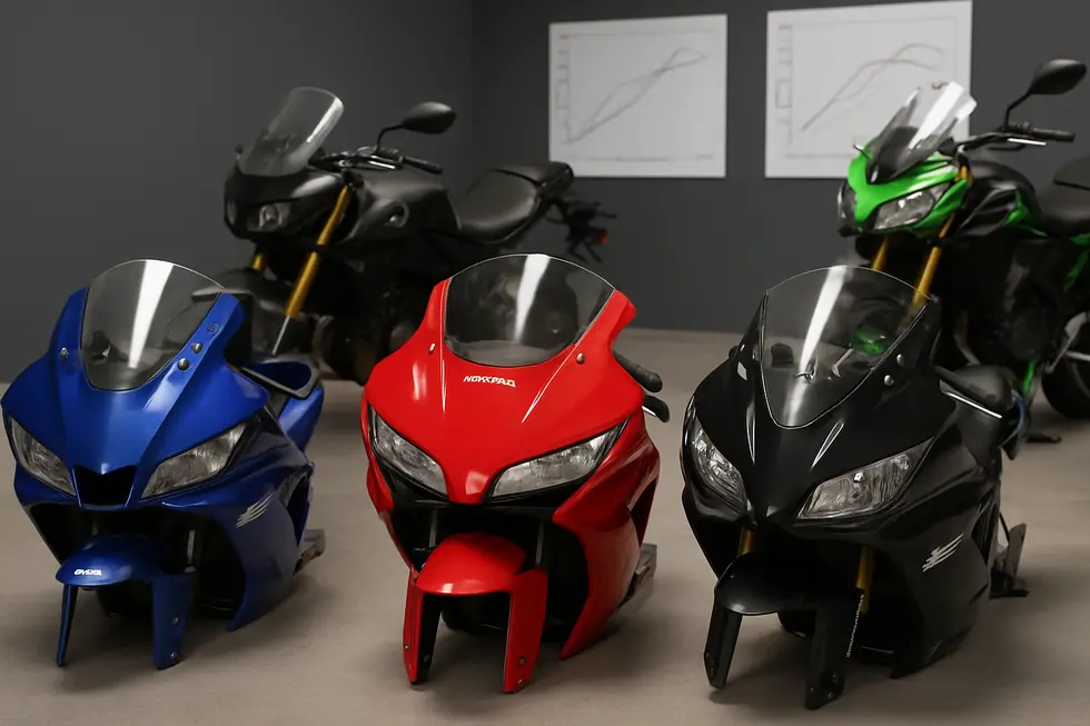 Close-up view of a motorcycle front fairing highlighting carbon fiber weave and ABS plastic components in a design workshop.