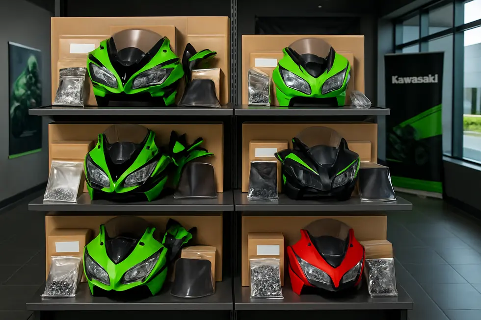 Side-by-side display comparing OEM and aftermarket Kawasaki fairings with emphasis on quality, durability, and fit.