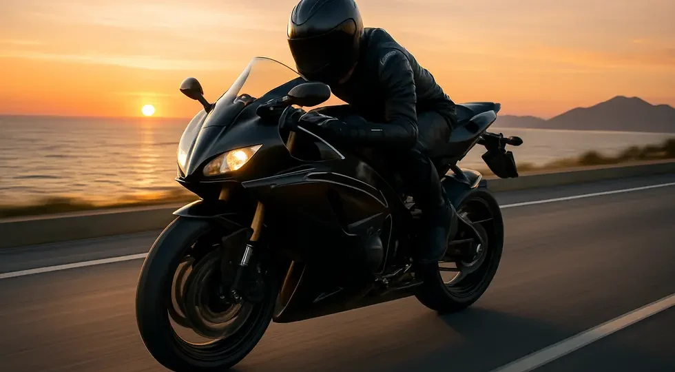 A modern sport motorcycle outfitted with a full race fairing, highlighting aerodynamic design and rider protection on an open highway.