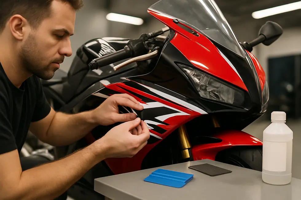 A technician applies a custom motorcycle fairing decal, showcasing precise surface preparation and alignment techniques.