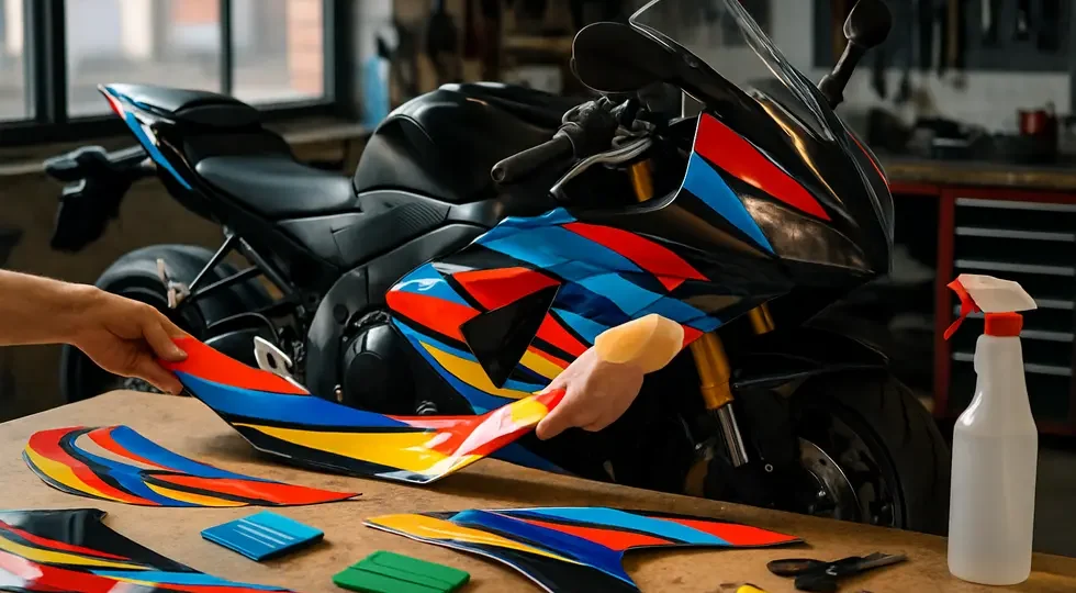 A detailed shop scene showing the application of vibrant motorcycle fairing decals on a sportbike, illustrating artistry and precision.