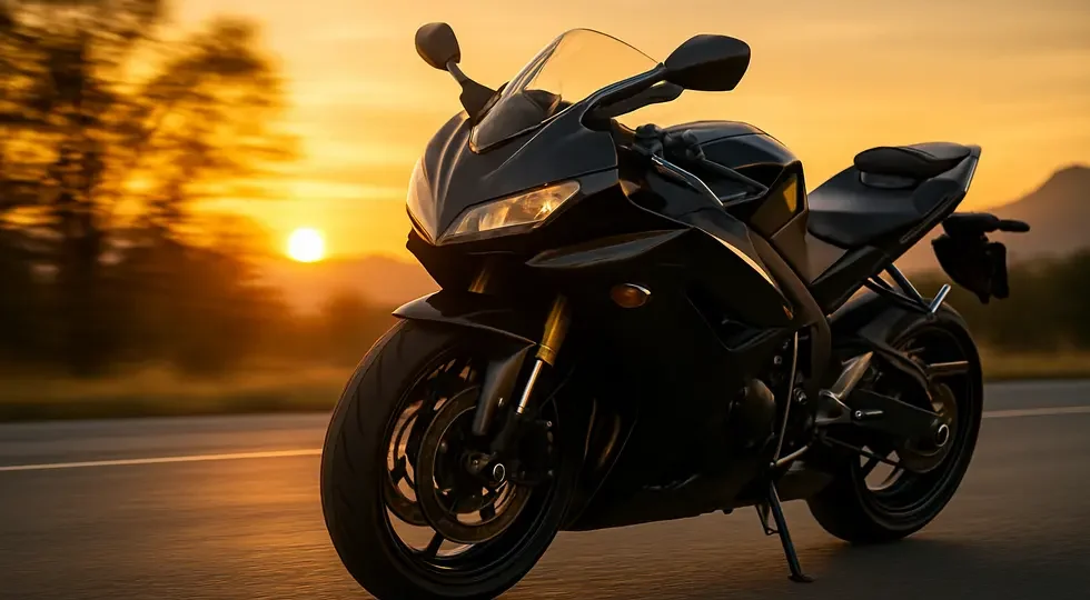 Glossy sport motorcycle with a full fairing reflecting sunset light, symbolizing performance and style.