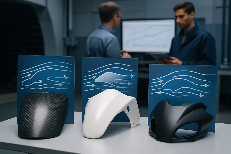Comparative display of the three main types of motorcycle fairings: half fairing, full race fairing, and complete kits.