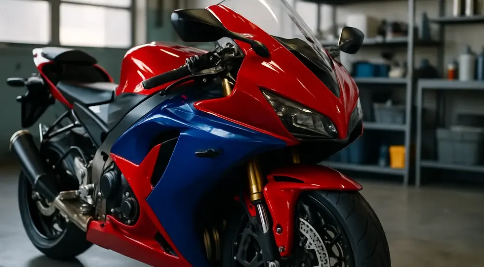 Vibrant, freshly painted motorcycle fairings showcasing gloss and durability in a professional workshop setting.
