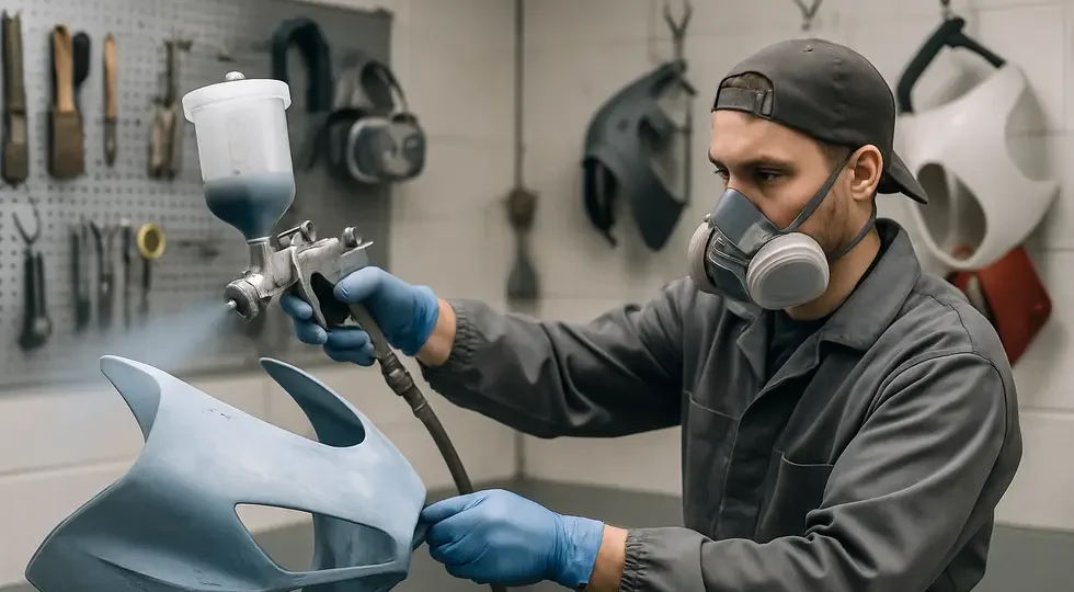 A professional motorcycle paint workshop emphasizing meticulous preparation and painting stages.
