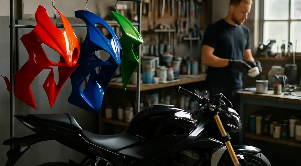 Workshop scene showing freshly painted motorcycle fairings hanging nearby a sportbike, highlighting quality repainting processes.