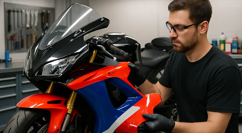 Professional technician working on motorcycle fairings in a bright workshop, showcasing the comprehensive repair process from removal to finishing.