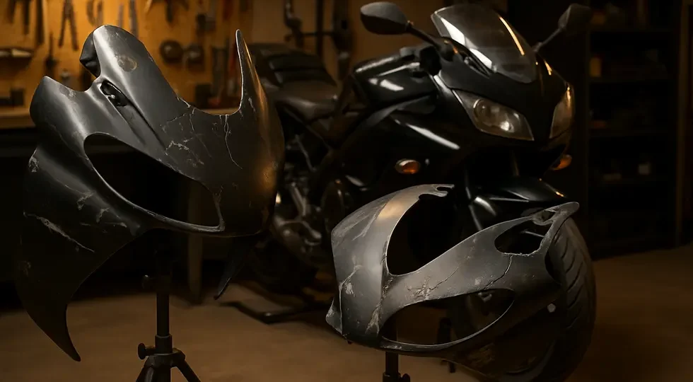 Motorcycle workshop highlighting comprehensive fairing repair including cosmetic and structural restoration processes.