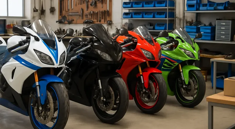 Showcase of motorcycles with various fairing sets in a professional workshop, highlighting diversity in styles and functions.