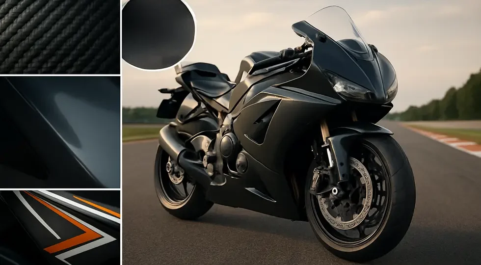 A racing motorcycle equipped with a full fairing highlighting material innovation and custom design elements.