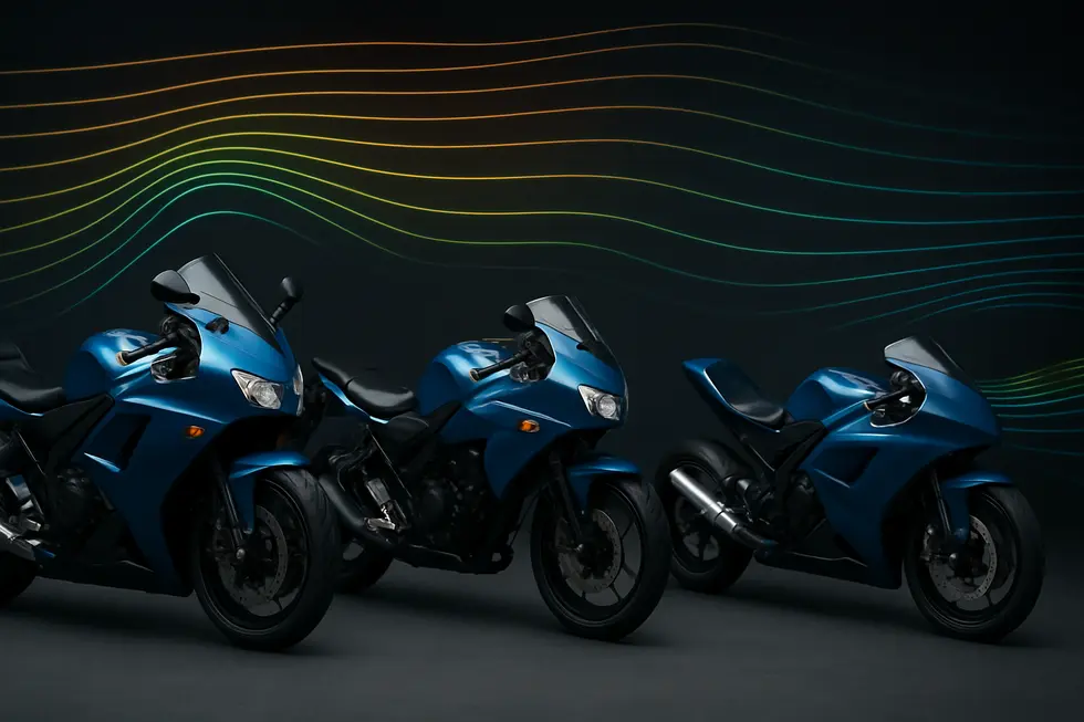 Three motorcycles showing full, half, and race fairings with airflow visualization highlighting their aerodynamic functions.