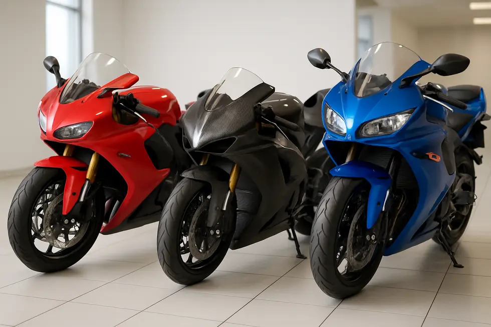 Comparative display of the three main types of motorcycle fairings: half fairing, full race fairing, and complete kits.