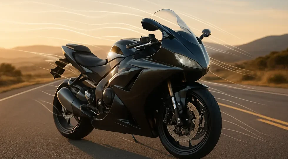 A modern motorcycle with a full fairing showcasing sleek design and aerodynamic efficiency on an open highway.