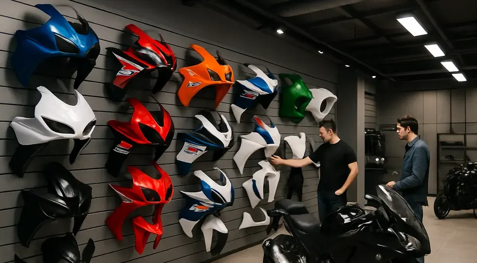 A professional motorcycle showroom showcasing a diverse range of fairings for sale across popular brands and materials.