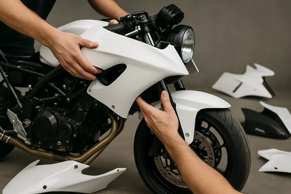 Three motorcycles showing full, half, and race fairings with airflow visualization highlighting their aerodynamic functions.