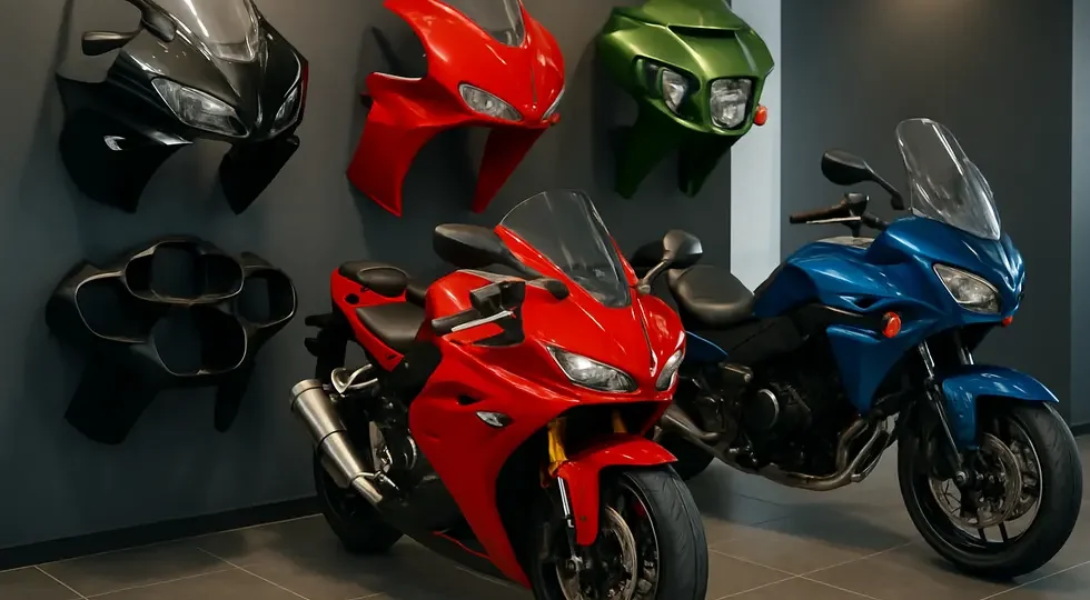 A dynamic showroom display illustrating multiple types and styles of motorcycle fairings emphasizing their role in performance and aesthetics.