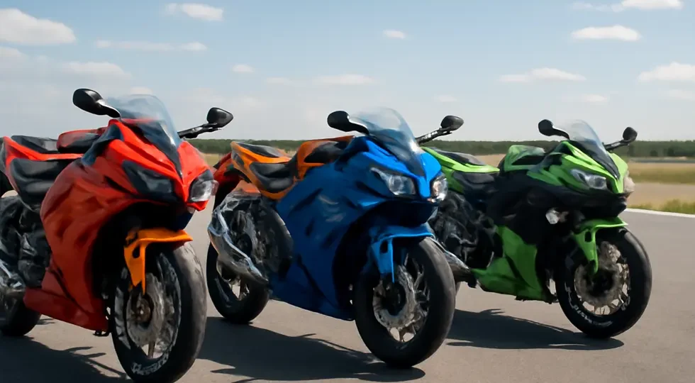 A diverse collection of motorcycles featuring colorful, aerodynamic fairings highlighting innovation and customization.