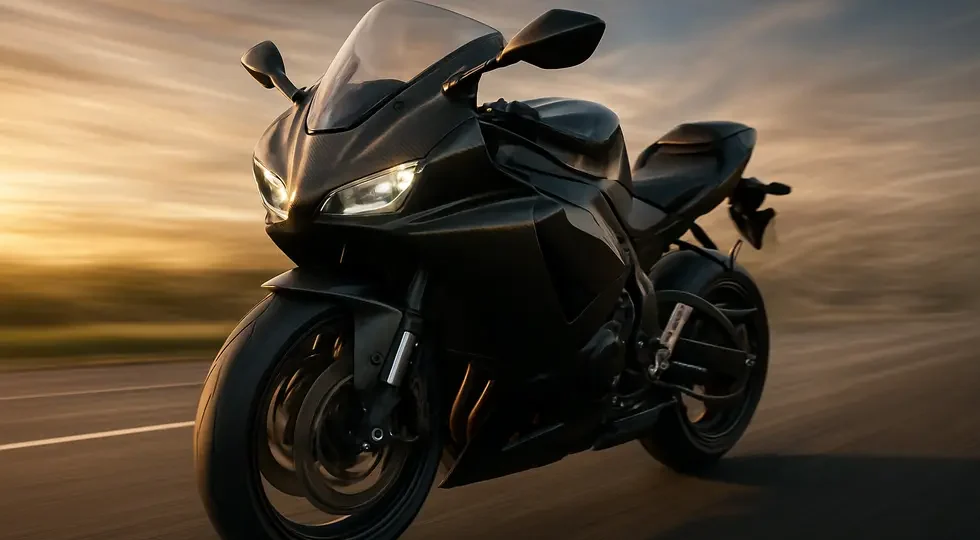 Modern sport motorcycle with prominent front fairing in natural sunlight illustrating design and aerodynamic function.