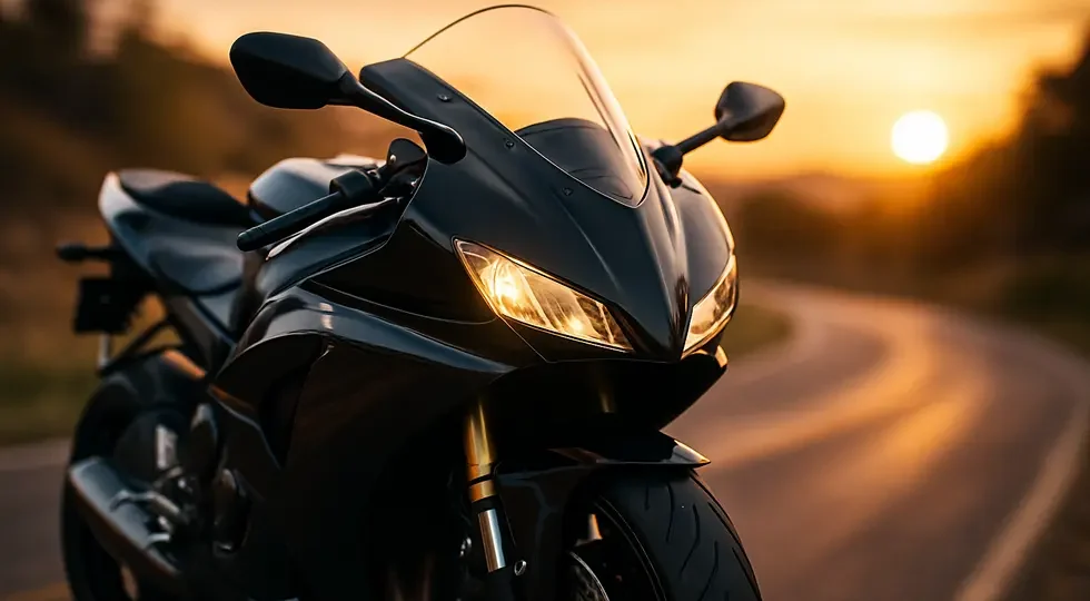 A sleek sportbike highlighted by its aerodynamic front fairing cruising through a scenic sunset landscape.