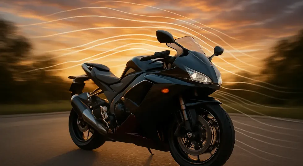 A sport motorcycle with a full aerodynamic fairing highlighting design and wind flow at sunset.