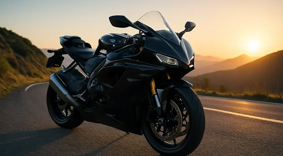 A sport motorcycle outfitted with a full aerodynamic fairing and wings, poised on a winding mountain road, exemplifying performance and design.
