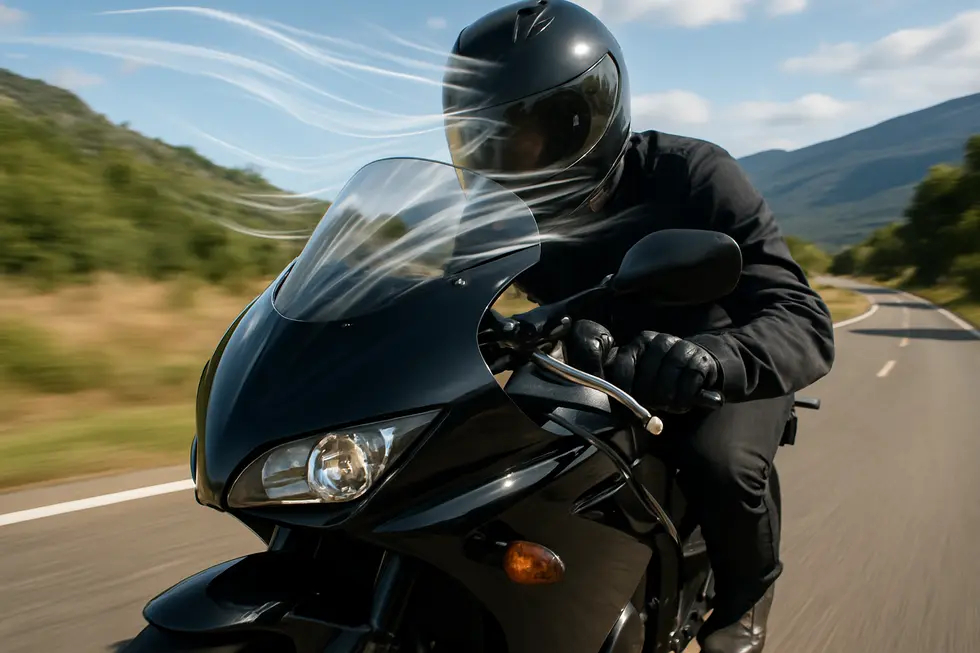 Illustration of aerodynamic efficiency and wind deflection by a motorcycle headlight fairing enhancing rider comfort.