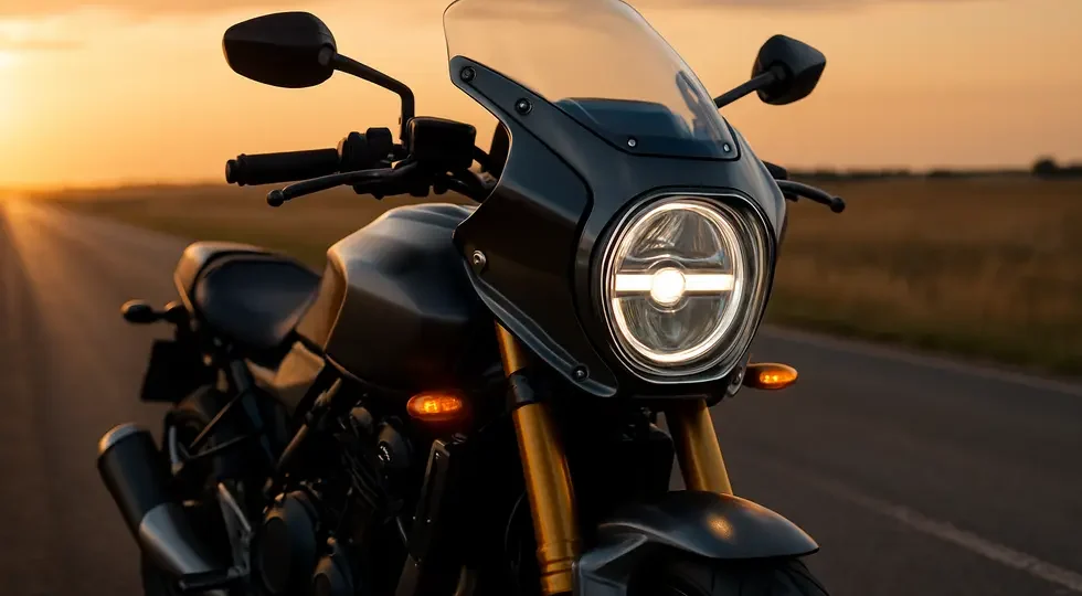 Modern motorcycle with a detailed headlight fairing emphasizing aerodynamics, materials, and integrated lighting during golden hour.