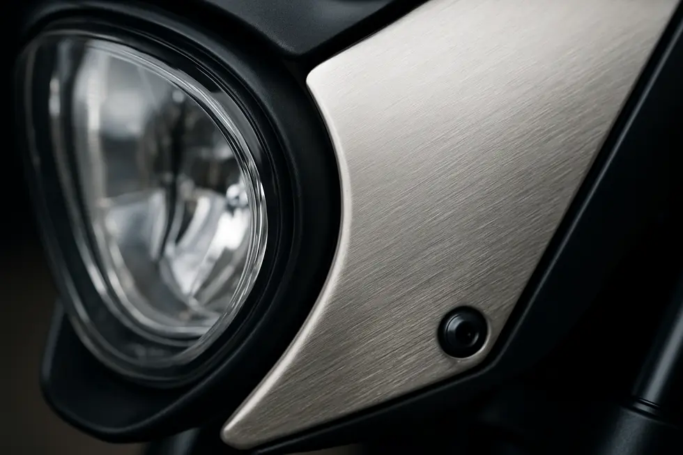 Illustration of aerodynamic efficiency and wind deflection by a motorcycle headlight fairing enhancing rider comfort.