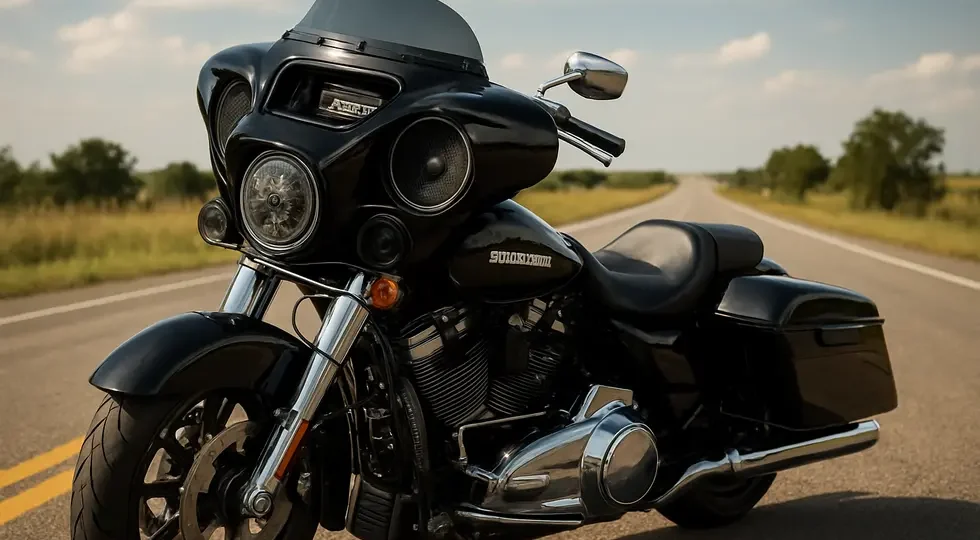 A premium Harley-Davidson touring bike featuring integrated fairing stereo system components, highlighting design and audio performance.