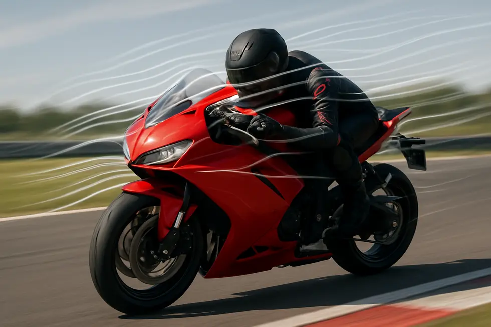 Illustration of aerodynamic airflow optimizations by a motorcycle’s front fairing enhancing speed and stability.