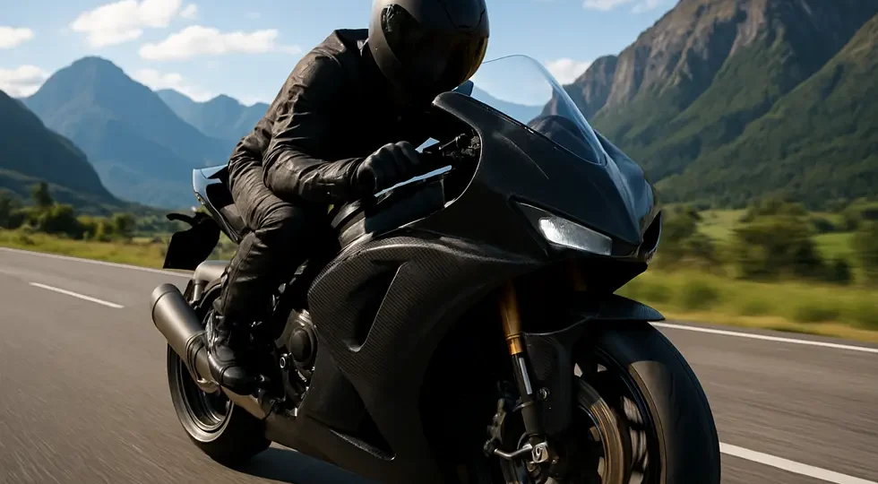 A high-performance motorcycle featuring a custom carbon fiber fairing riding through a scenic mountain road.