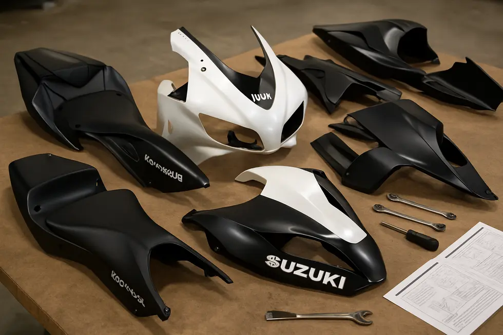 Various motorcycle fairing kit components displayed to highlight their comprehensive composition and brand diversity.