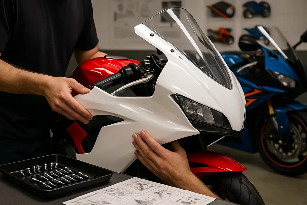 Various motorcycle fairing kit components displayed to highlight their comprehensive composition and brand diversity.